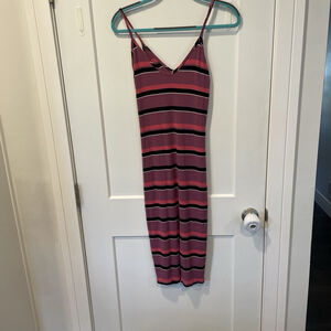Y2k Express Pink & Purple Striped Ribbed Knit Cami Dress Retro Casual Midi Small